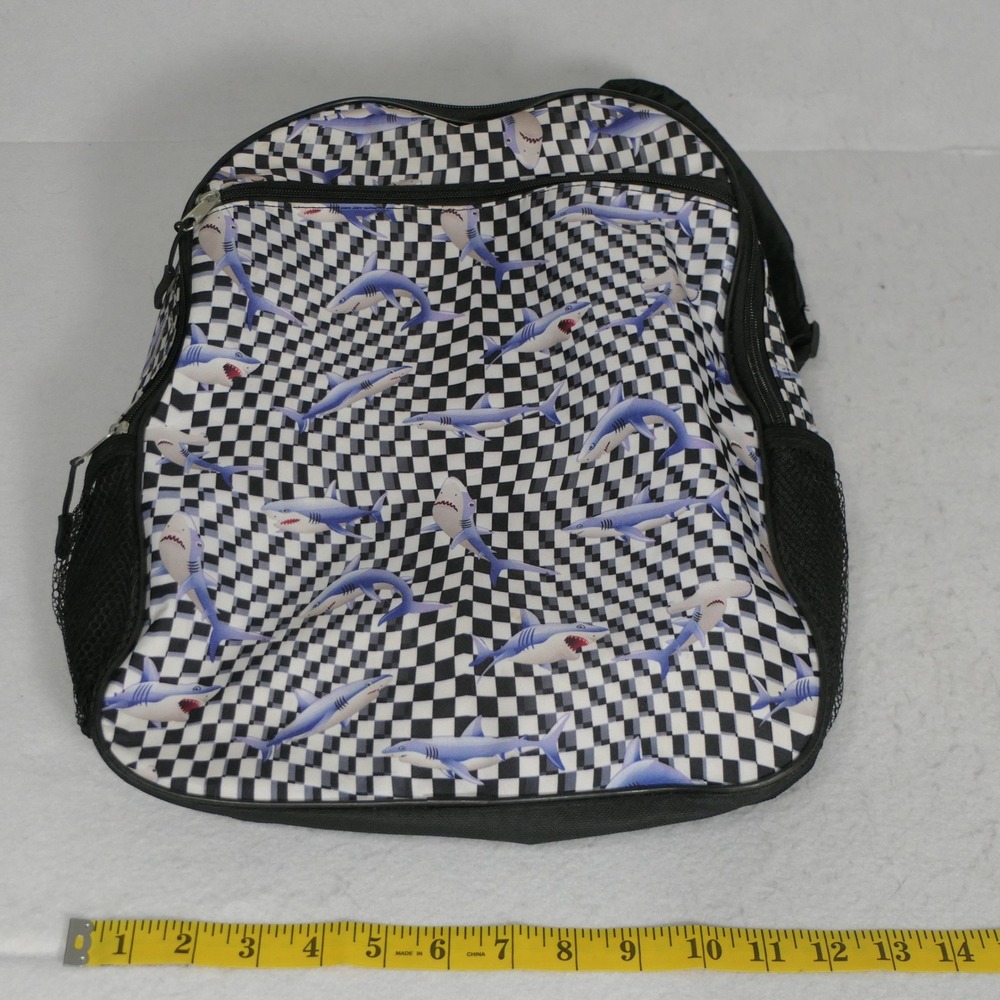 Kids Shark Backpack OS Black White Checkered Skater Streetwear Adventure Travel